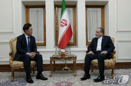 이란에 파견된 정병하 외교부 장관 특사와 압바스 아그라치 이란 외무장관.(파르스통신 소셜미디어 엑스 @FarsNews_Agency)